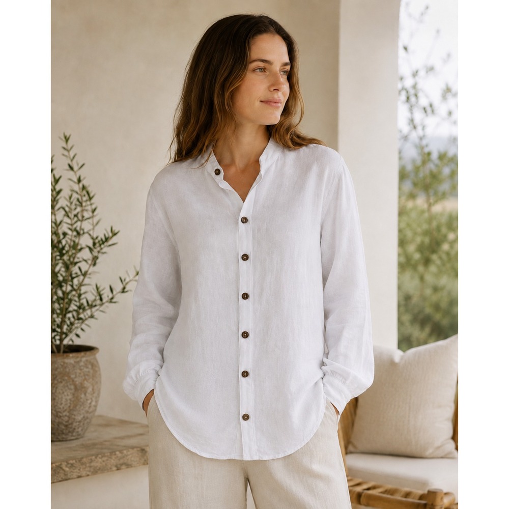 Freya Lillie White Linen Organic Cotton Boyfriend Fit Button Up Shirt UK 14-16